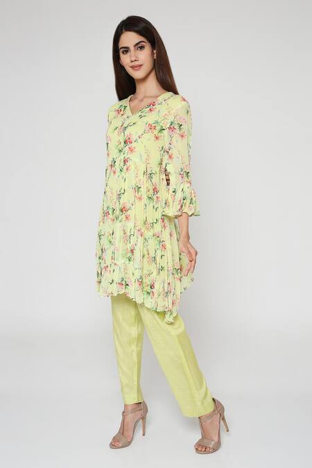 Buy Bha Sha Green Georgette, Satin V-neck Stella Floral Print Tunic And Straight Pant Set Online at Aza Fashions Buy_Bha Sha_Green Georgette, Satin V-neck Stella Floral Print Tunic And Straight Pant Set _Online_at_Aza_Fashions