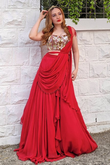 Red Heavy Georgette Sleeveless Ruffle Gown