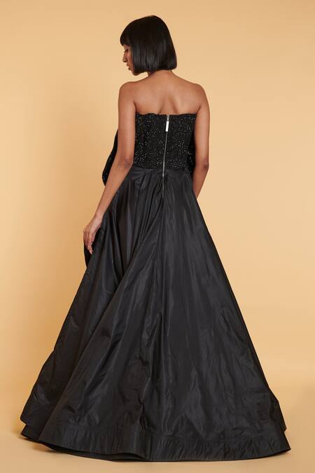 Shop Siddartha Tytler Black Parachute One Shoulder Mesh Bow Corset Gown at Aza Fashions Shop_Siddartha Tytler_Black Parachute One Shoulder Mesh Bow Corset Gown_at_Aza_Fashions