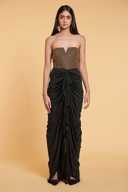 Siddartha Tytler Black Spandex Crystals One Shoulder Grecian Draped Gown 