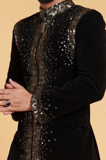 Siddartha Tytler_Black Velvet Metal Gradient Work Embroidered Bandhgala Set _Online_at_Aza_Fashions