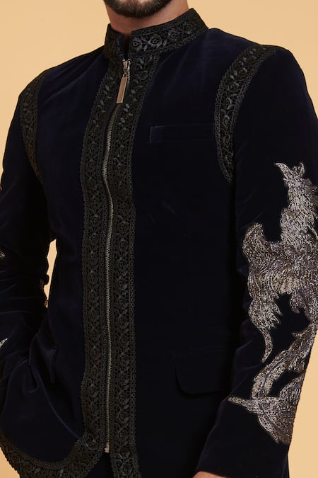 Siddartha Tytler_Blue Velvet Dori Bird Motifs Embroidered Bandhgala Set _Online_at_Aza_Fashions