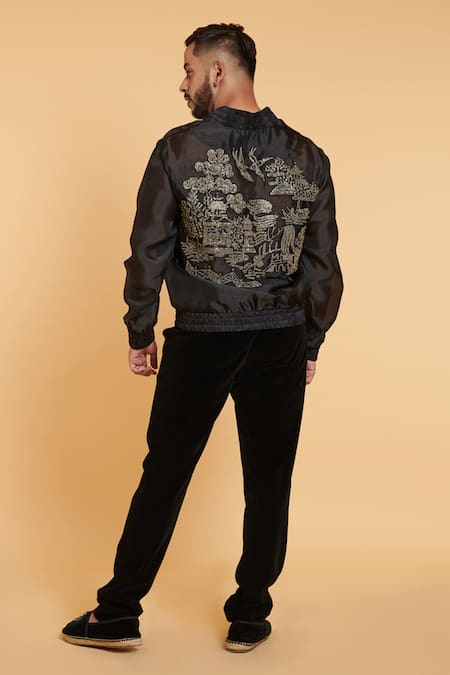 Shop Siddartha Tytler Black Organza Shan Shui Pattern Back Embroidered Bomber Jacket at Aza Fashions Shop_Siddartha Tytler_Black Organza Shan Shui Pattern Back Embroidered Bomber Jacket _at_Aza_Fashions