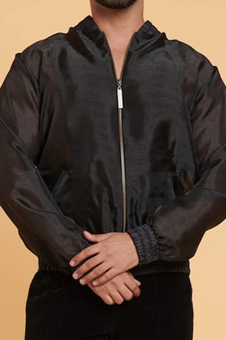 Siddartha Tytler Black Organza Shan Shui Pattern Back Embroidered Bomber Jacket Online at Aza Fashions Siddartha Tytler_Black Organza Shan Shui Pattern Back Embroidered Bomber Jacket _Online_at_Aza_Fashions