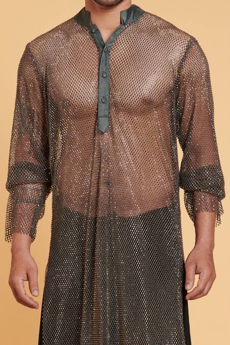 Siddartha Tytler_Grey Kurta Crystal Mesh, Pant Rayon Set_Online_at_Aza_Fashions