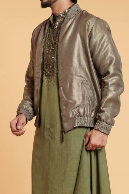 Siddartha Tytler_Green Blended Linen Metal Sequins Draped Kurta And Pant Set_Online_at_Aza_Fashions