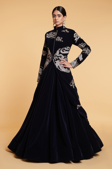 Buy Ravishing Black Sequined Velvet Jacket Lehenga Choli Set Online - Kreeva