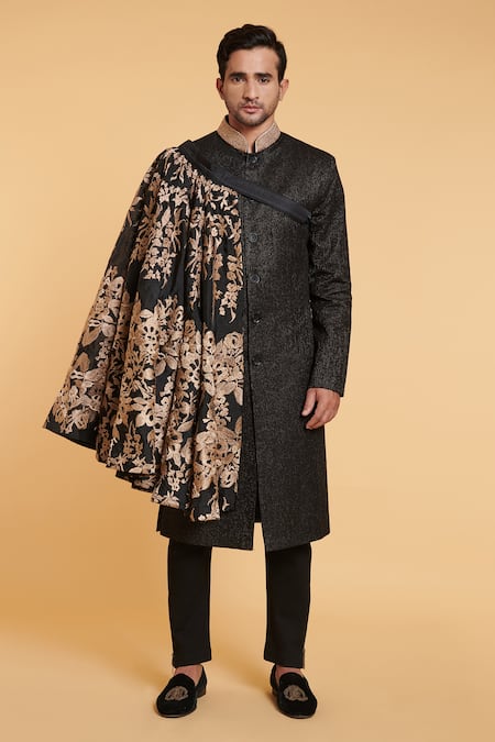 Siddartha Tytler Black Matka Silk Embroidered Thread Work Sherwani And Pant Set  