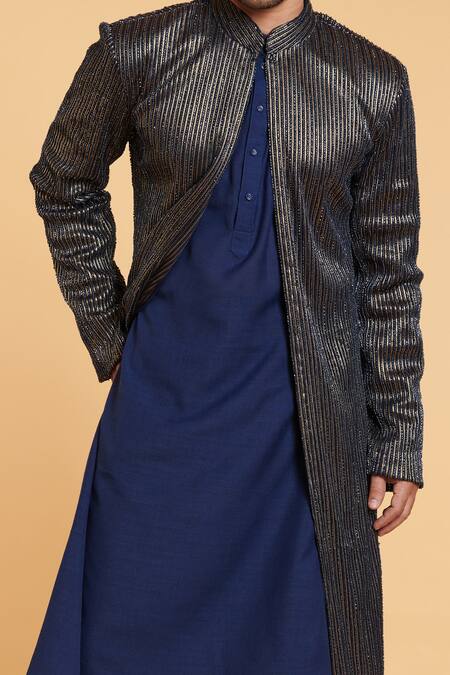 Siddartha Tytler_Blue Achkan Striped Mesh, Kurta And Pant Rayon Bead Work, Crystal With Set_Online_at_Aza_Fashions