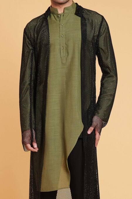 Siddartha Tytler_Black Achkan Crystal Mesh, Kurta And Plant Blended Linen Jacket With Set_Online_at_Aza_Fashions