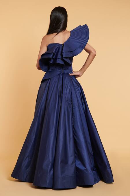 Shop_Siddartha Tytler_Blue Heavy Crepe Solid Slit Umbrella Skirt  _at_Aza_Fashions