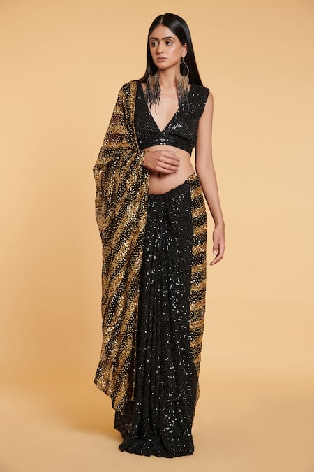 Siddartha Tytler Black Saree Net Hand Embroidered Sequins Plunge Striped With Blouse  