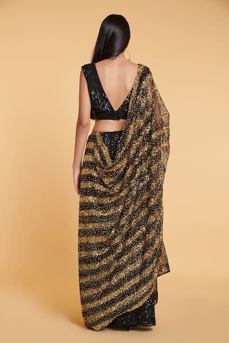 Shop Siddartha Tytler Black Blouse Georgette, Saree Net Sequins Plunge V Embroidered Striped With at Aza Fashions Shop_Siddartha Tytler_Black Blouse Georgette, Saree Net Sequins Plunge V Embroidered Striped With _at_Aza_Fashions