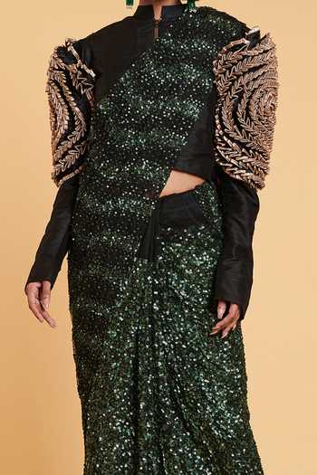Siddartha Tytler_Black Blouse Dupion Silk, Saree Net Sequins Mandarin Collar Embroidered With _Online_at_Aza_Fashions