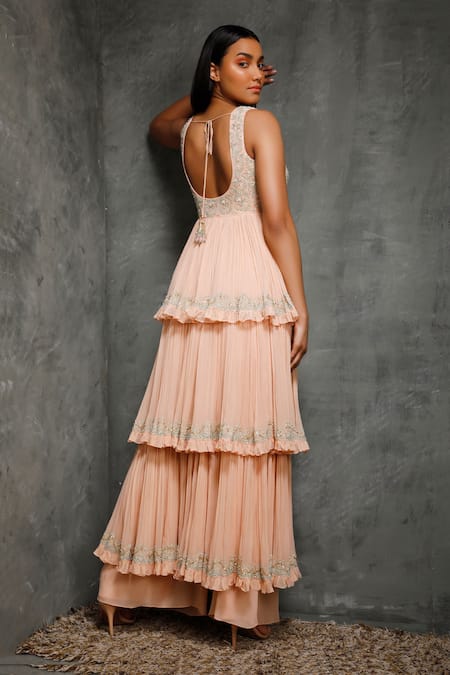 Shop Seema Thukral Peach Pure Georgette, Satin Lining Round Embroidered Layered Kurta And Pant Set at Aza Fashions Shop_Seema Thukral_Peach Pure Georgette, Satin Lining Round Embroidered Layered Kurta And Pant Set _at_Aza_Fashions