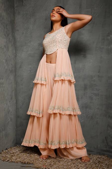 Buy Seema Thukral Peach Pure Georgette, Satin Lining Round Embroidered Layered Kurta And Pant Set Online at Aza Fashions Buy_Seema Thukral_Peach Pure Georgette, Satin Lining Round Embroidered Layered Kurta And Pant Set _Online_at_Aza_Fashions