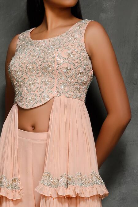 Shop Seema Thukral Peach Pure Georgette, Satin Lining Round Embroidered Layered Kurta And Pant Set Online at Aza Fashions Shop_Seema Thukral_Peach Pure Georgette, Satin Lining Round Embroidered Layered Kurta And Pant Set _Online_at_Aza_Fashions