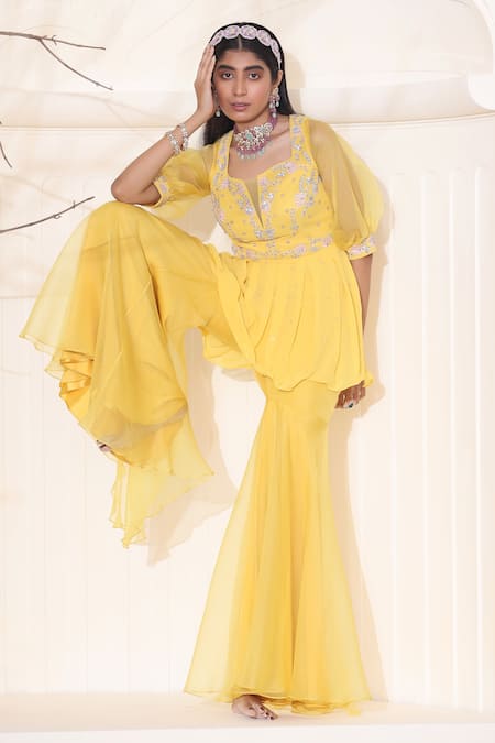 Seema Thukral_Yellow Georgette, Organza And Crepe Lining Satin Embroidered Kurta & Sharara Set_Online_at_Aza_Fashions