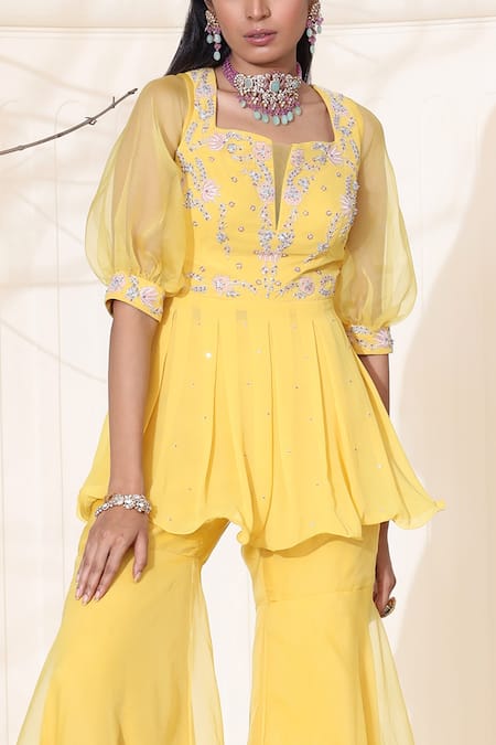 Buy_Seema Thukral_Yellow Georgette, Organza And Crepe Lining Satin Embroidered Kurta & Sharara Set_Online_at_Aza_Fashions