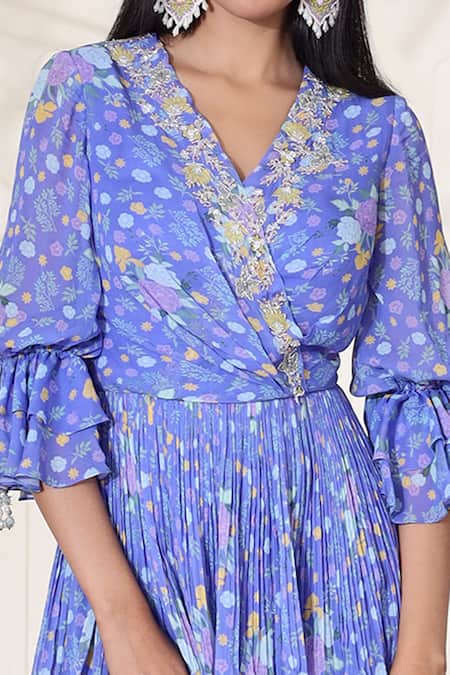 Buy_Seema Thukral_Purple Georgette, Organza And Crepe Lining Satin Floral Kurta & Sharara Set_Online_at_Aza_Fashions