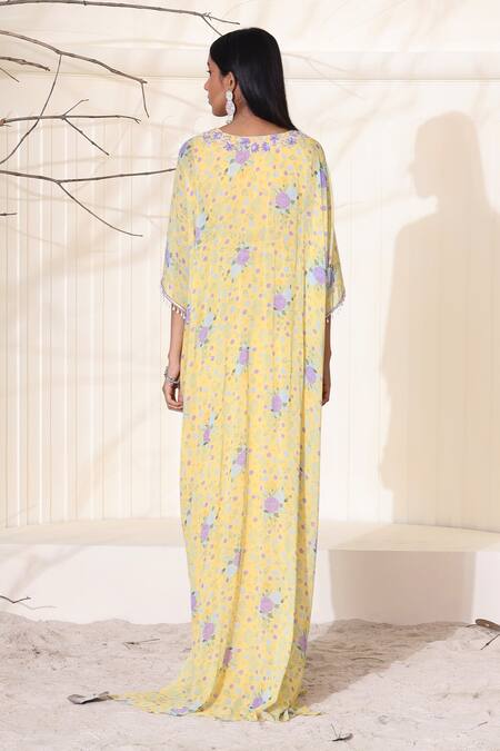 Shop_Seema Thukral_Yellow Georgette Lining Satin Floral Print, Glass Beads, Beads, Pearl And Dress _at_Aza_Fashions
