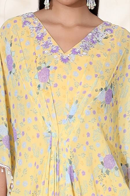 Seema Thukral_Yellow Georgette Lining Satin Floral Print, Glass Beads, Beads, Pearl And Dress _Online_at_Aza_Fashions