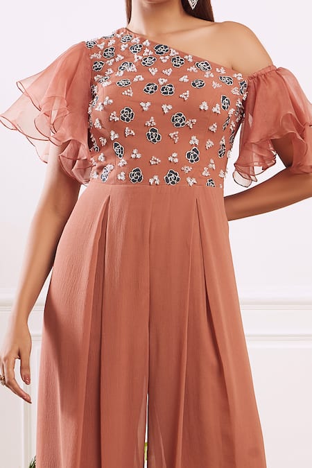 Seema Thukral_Brown Georgette, Organza Lining Satin Asymmetric One Shoulder Ruffle Jumpsuit_Online_at_Aza_Fashions