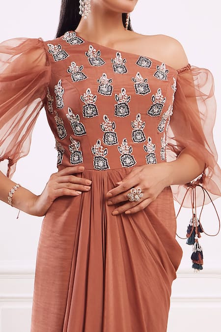 Seema Thukral Brown Georgette, Organza, Satin Embroidery One Shoulder Draped Gown For Kids Online at Aza Fashions Seema Thukral_Brown Georgette, Organza, Satin Embroidery One Shoulder Draped Gown For Kids_Online_at_Aza_Fashions
