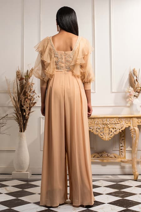 Shop Seema Thukral Beige Organza, Pure Georgette Square Neck Hand Embroidered Jumpsuit at Aza Fashions Shop_Seema Thukral_Beige Organza, Pure Georgette Square Neck Hand Embroidered Jumpsuit _at_Aza_Fashions