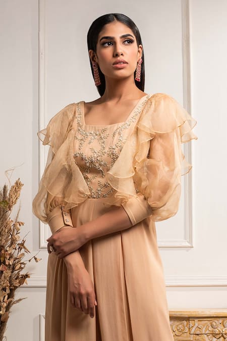 Seema Thukral Beige Organza, Pure Georgette Square Neck Hand Embroidered Jumpsuit Online at Aza Fashions Seema Thukral_Beige Organza, Pure Georgette Square Neck Hand Embroidered Jumpsuit _Online_at_Aza_Fashions