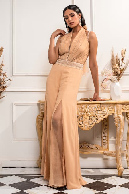 Seema Thukral Beige Organza, Pure Georgette Halter Neck Hand Embroidered Jumpsuit Online at Aza Fashions Seema Thukral_Beige Organza, Pure Georgette Halter Neck Hand Embroidered Jumpsuit _Online_at_Aza_Fashions