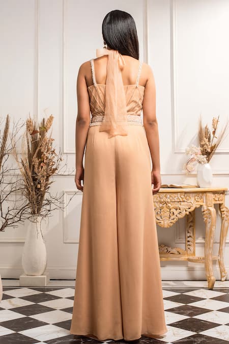 Shop Seema Thukral Beige Organza, Pure Georgette Halter Neck Hand Embroidered Jumpsuit at Aza Fashions Shop_Seema Thukral_Beige Organza, Pure Georgette Halter Neck Hand Embroidered Jumpsuit _at_Aza_Fashions