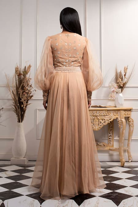 Shop Seema Thukral Beige Organza, Crepe, Pure Georgette V Neck Hand Embroidered Jumpsuit at Aza Fashions Shop_Seema Thukral_Beige Organza, Crepe, Pure Georgette V Neck Hand Embroidered Jumpsuit _at_Aza_Fashions