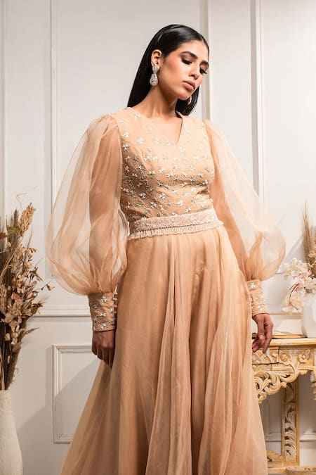 Seema Thukral Beige Organza, Crepe, Pure Georgette V Neck Hand Embroidered Jumpsuit Online at Aza Fashions Seema Thukral_Beige Organza, Crepe, Pure Georgette V Neck Hand Embroidered Jumpsuit _Online_at_Aza_Fashions