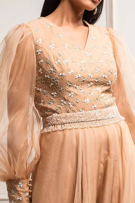 Buy Seema Thukral Beige Organza, Crepe, Pure Georgette V Neck Hand Embroidered Jumpsuit Online at Aza Fashions Buy_Seema Thukral_Beige Organza, Crepe, Pure Georgette V Neck Hand Embroidered Jumpsuit _Online_at_Aza_Fashions