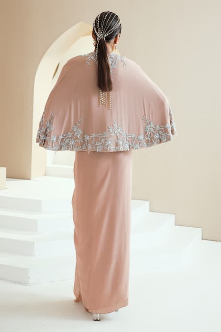 Shop Seema Thukral Beige Georgette, Lining Satin Floral Embellished Cape With Dhoti Skirt Set at Aza Fashions Shop_Seema Thukral_Beige Georgette, Lining Satin Floral Embellished Cape With Dhoti Skirt Set _at_Aza_Fashions