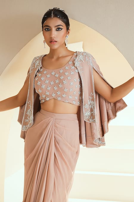 Buy Seema Thukral Beige Georgette, Lining Satin Floral Embellished Cape With Dhoti Skirt Set Online at Aza Fashions Buy_Seema Thukral_Beige Georgette, Lining Satin Floral Embellished Cape With Dhoti Skirt Set _Online_at_Aza_Fashions