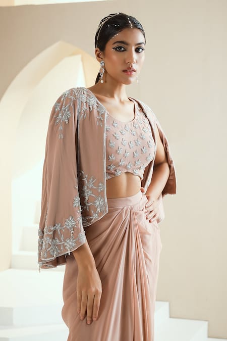 Shop Seema Thukral Beige Georgette, Lining Satin Floral Embellished Cape With Dhoti Skirt Set Online at Aza Fashions Shop_Seema Thukral_Beige Georgette, Lining Satin Floral Embellished Cape With Dhoti Skirt Set _Online_at_Aza_Fashions