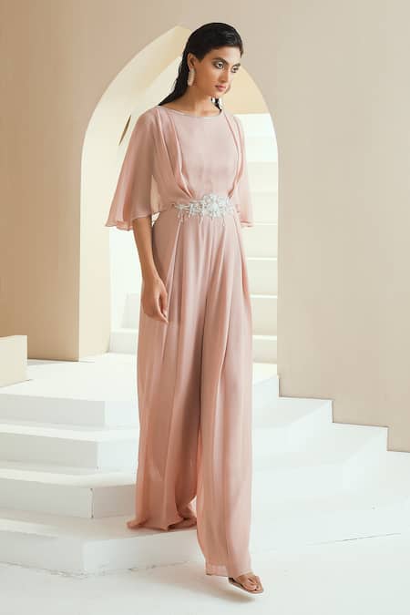 Seema Thukral_Beige Georgette, Lining Satin Floral Motifs Round Draped Jumpsuit _Online_at_Aza_Fashions