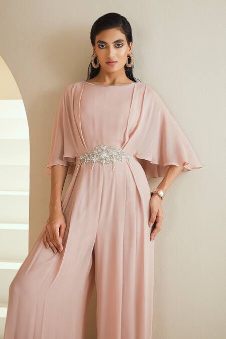 Buy_Seema Thukral_Beige Georgette, Lining Satin Floral Motifs Round Draped Jumpsuit _Online_at_Aza_Fashions