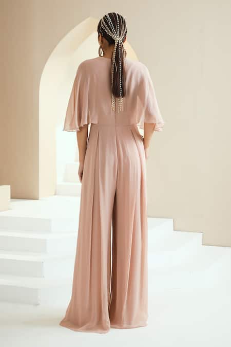 Shop Seema Thukral Beige Georgette, Lining Satin Floral Motifs V Neck Draped Pleated Jumpsuit at Aza Fashions Shop_Seema Thukral_Beige Georgette, Lining Satin Floral Motifs V Neck Draped Pleated Jumpsuit _at_Aza_Fashions