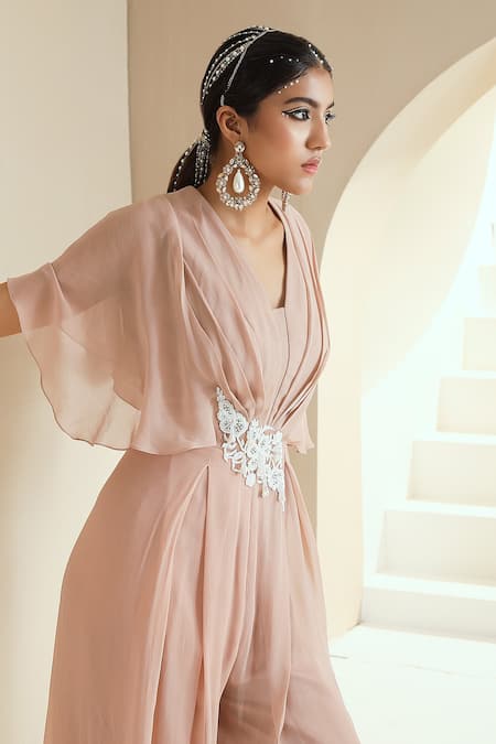 Seema Thukral Beige Georgette, Lining Satin Floral Motifs V Neck Draped Pleated Jumpsuit Online at Aza Fashions Seema Thukral_Beige Georgette, Lining Satin Floral Motifs V Neck Draped Pleated Jumpsuit _Online_at_Aza_Fashions