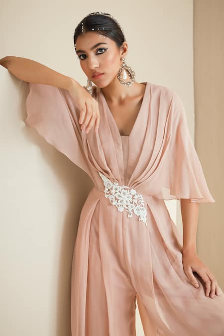 Buy Seema Thukral Beige Georgette, Lining Satin Floral Motifs V Neck Draped Pleated Jumpsuit Online at Aza Fashions Buy_Seema Thukral_Beige Georgette, Lining Satin Floral Motifs V Neck Draped Pleated Jumpsuit _Online_at_Aza_Fashions