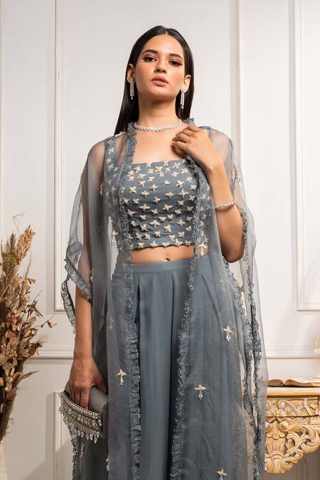 Seema Thukral_Blue Organza, Pure Georgette Crop Top Square Embroidered Pant Set With Cape _Online_at_Aza_Fashions