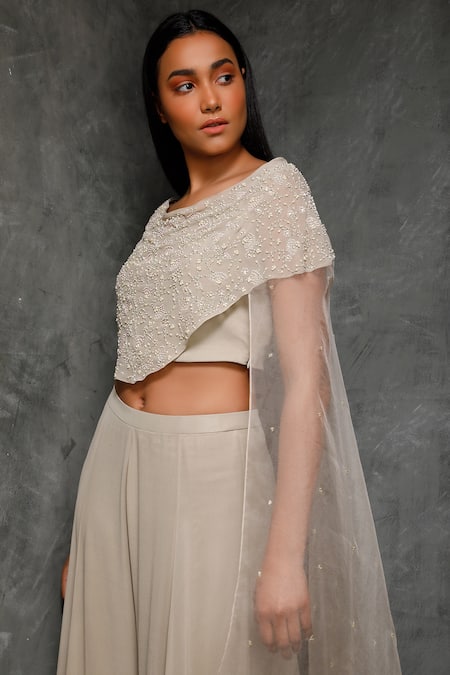 Buy_Seema Thukral_Beige Organza, Pure Georgette, Satin Lining Boat Embroidered Top Sharara Set _Online_at_Aza_Fashions