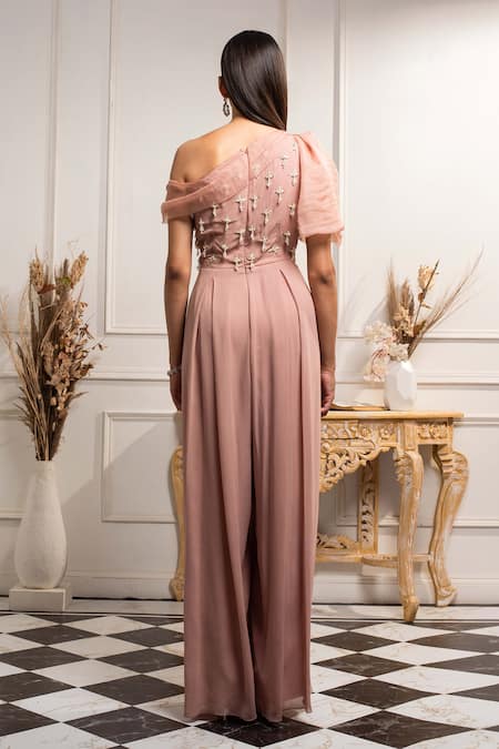 Shop Seema Thukral Pink Organza, Pure Georgette Asymmetric Hand Embroidered Jumpsuit at Aza Fashions Shop_Seema Thukral_Pink Organza, Pure Georgette Asymmetric Hand Embroidered Jumpsuit _at_Aza_Fashions