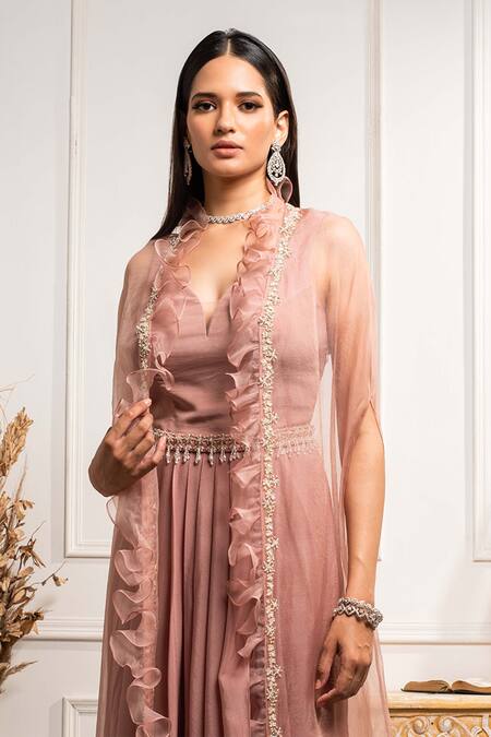 Seema Thukral_Pink Organza, Crepe Gown Leaf A-line With Cape _Online_at_Aza_Fashions