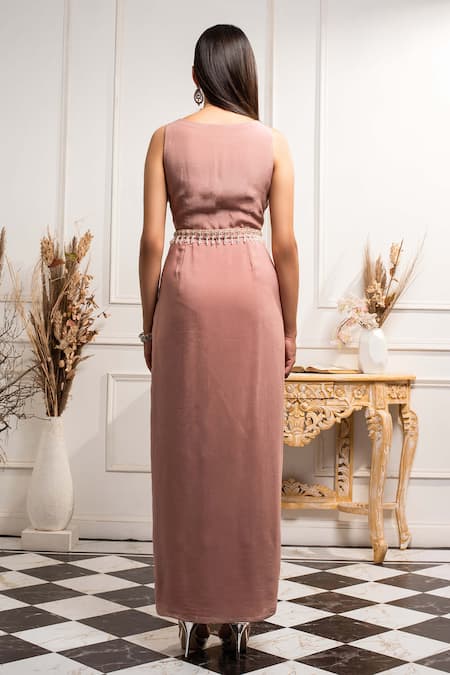 Shop Seema Thukral Pink Crepe Leaf Neck A-line Draped Dress at Aza Fashions Shop_Seema Thukral_Pink Crepe Leaf Neck A-line Draped Dress _at_Aza_Fashions