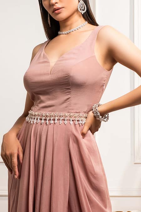 Buy Seema Thukral Pink Crepe Leaf Neck A-line Draped Dress Online at Aza Fashions Buy_Seema Thukral_Pink Crepe Leaf Neck A-line Draped Dress _Online_at_Aza_Fashions