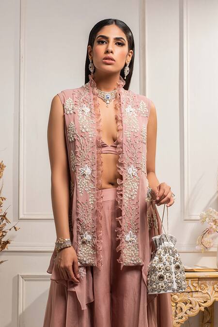Seema Thukral_Pink Organza, Pure Georgette Bralette V Neck Pant Set With Embroidered Jacket _Online_at_Aza_Fashions